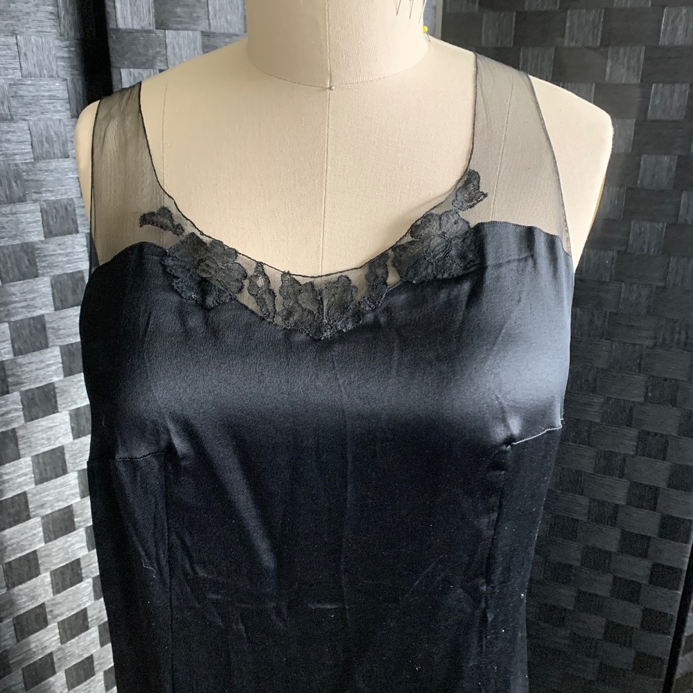 Black Silk long Slip Dress with scalloped hem and lace neck detail